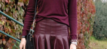 wine leather look ruffle skirt
