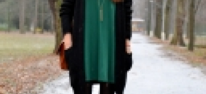 green dress with black cardigan