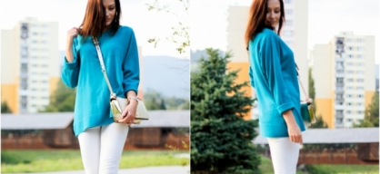 turquoise sweater.