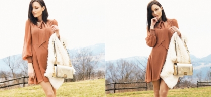 hnedé šaty s volánovým rukávom