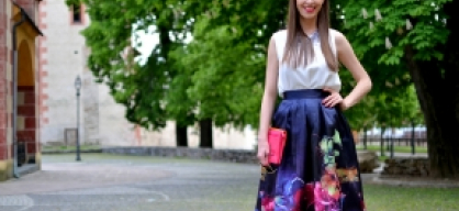 dark blue flare skirt with colorful flowers