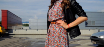 Floral dress and leather jacke
